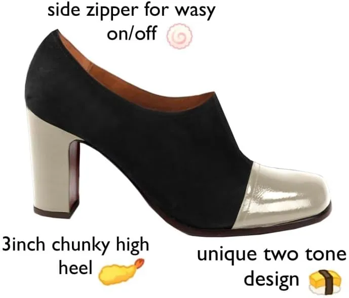 SHODENSE Women Chunky Heel Loafer Pumps Square Cap Toe Zipper Loafers Block Heels Two Tone Patent Suede 3 inch High Heeled Dress Loafers Slip On Comfort Vintage Office Party Casual 4-11 M US