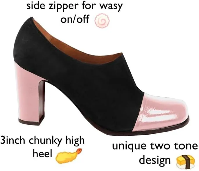 SHODENSE Women Chunky Heel Loafer Pumps Square Cap Toe Zipper Loafers Block Heels Two Tone Patent Suede 3 inch High Heeled Dress Loafers Slip On Comfort Vintage Office Party Casual 4-11 M US