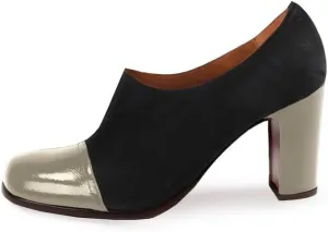 SHODENSE Women Chunky Heel Loafer Pumps Square Cap Toe Zipper Loafers Block Heels Two Tone Patent Suede 3 inch High Heeled Dress Loafers Slip On Comfort Vintage Office Party Casual 4-11 M US