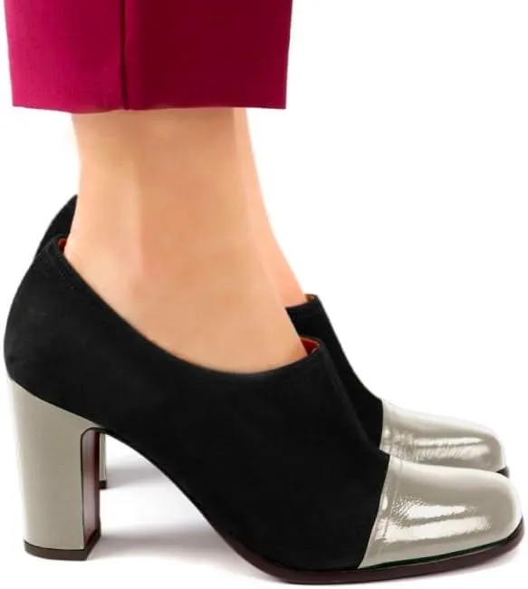 SHODENSE Women Chunky Heel Loafer Pumps Square Cap Toe Zipper Loafers Block Heels Two Tone Patent Suede 3 inch High Heeled Dress Loafers Slip On Comfort Vintage Office Party Casual 4-11 M US