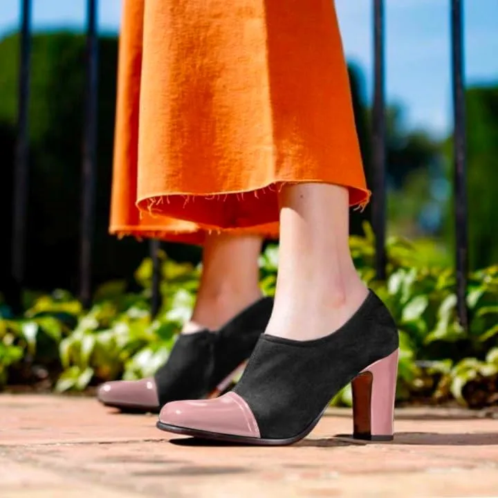 SHODENSE Women Chunky Heel Loafer Pumps Square Cap Toe Zipper Loafers Block Heels Two Tone Patent Suede 3 inch High Heeled Dress Loafers Slip On Comfort Vintage Office Party Casual 4-11 M US