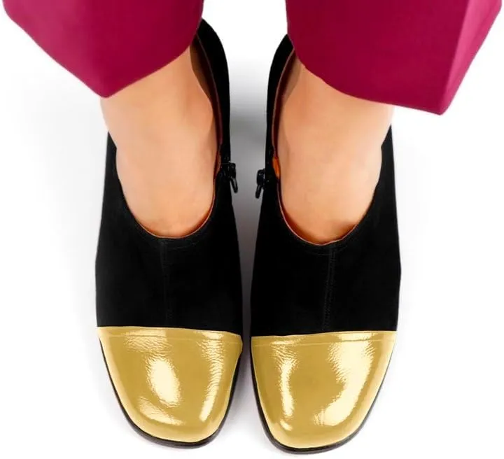 SHODENSE Women Chunky Heel Loafer Pumps Square Cap Toe Zipper Loafers Block Heels Two Tone Patent Suede 3 inch High Heeled Dress Loafers Slip On Comfort Vintage Office Party Casual 4-11 M US