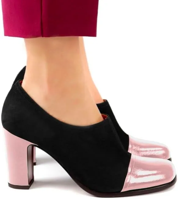 SHODENSE Women Chunky Heel Loafer Pumps Square Cap Toe Zipper Loafers Block Heels Two Tone Patent Suede 3 inch High Heeled Dress Loafers Slip On Comfort Vintage Office Party Casual 4-11 M US