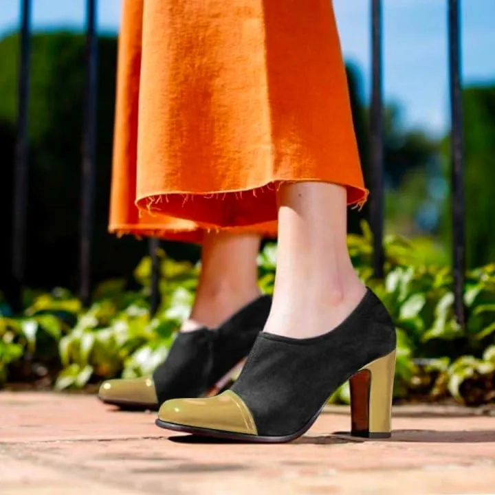 SHODENSE Women Chunky Heel Loafer Pumps Square Cap Toe Zipper Loafers Block Heels Two Tone Patent Suede 3 inch High Heeled Dress Loafers Slip On Comfort Vintage Office Party Casual 4-11 M US