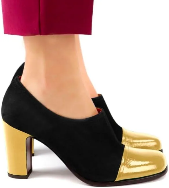 SHODENSE Women Chunky Heel Loafer Pumps Square Cap Toe Zipper Loafers Block Heels Two Tone Patent Suede 3 inch High Heeled Dress Loafers Slip On Comfort Vintage Office Party Casual 4-11 M US