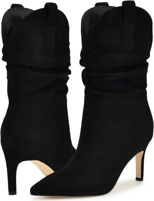 SHODENSE Women Slouch Stiletto Western Boots Mid Calf Pointed Toe Suede Cowboy Calf Boots Stiletto High Heels 3 inch Slim Heel Calf High Boots Cowgirl Zipper Vintage Party Office 4-11 M US