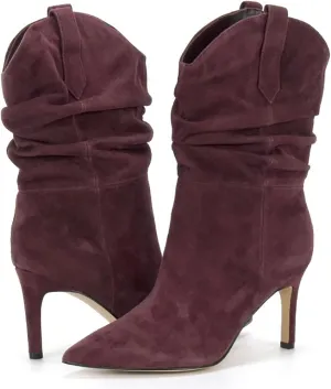 SHODENSE Women Slouch Stiletto Western Boots Mid Calf Pointed Toe Suede Cowboy Calf Boots Stiletto High Heels 3 inch Slim Heel Calf High Boots Cowgirl Zipper Vintage Party Office 4-11 M US