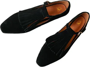SHODENSE Women Tassel Flats Loafers Square Toe Ankle Strap 1”Chunky Low Heels Loafer Shoes Fringe Vintage Suede T-Strap Flat Shoes Cut-Out Comfort Elegant Office Driver Flats Street Size 4-11 M US