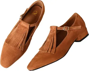 SHODENSE Women Tassel Flats Loafers Square Toe Ankle Strap 1”Chunky Low Heels Loafer Shoes Fringe Vintage Suede T-Strap Flat Shoes Cut-Out Comfort Elegant Office Driver Flats Street Size 4-11 M US