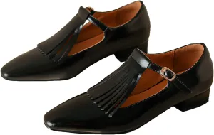 SHODENSE Women Tassel Flats Loafers Square Toe Ankle Strap 1”Chunky Low Heels Loafer Shoes Fringe Vintage Suede T-Strap Flat Shoes Cut-Out Comfort Elegant Office Driver Flats Street Size 4-11 M US