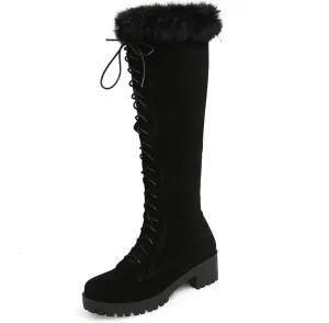 Snow Knee High Boots for Women - Fashion Lace Up Side Zipper Chunky Heel Boots Casual Plush Faux Suede Riding Boots Shoes