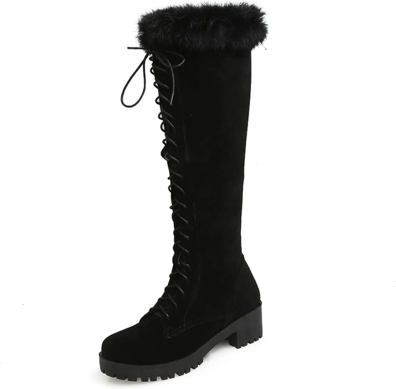 Snow Knee High Boots for Women - Fashion Lace Up Side Zipper Chunky Heel Boots Casual Plush Faux Suede Riding Boots Shoes