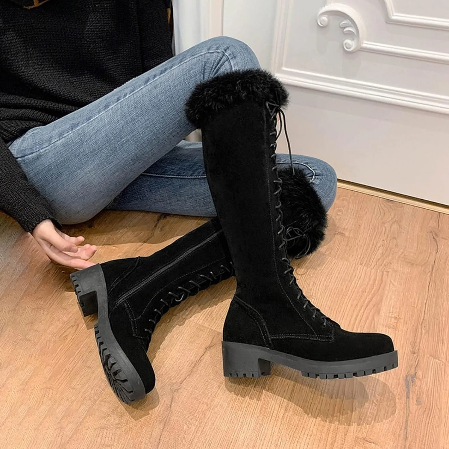 Snow Knee High Boots for Women - Fashion Lace Up Side Zipper Chunky Heel Boots Casual Plush Faux Suede Riding Boots Shoes