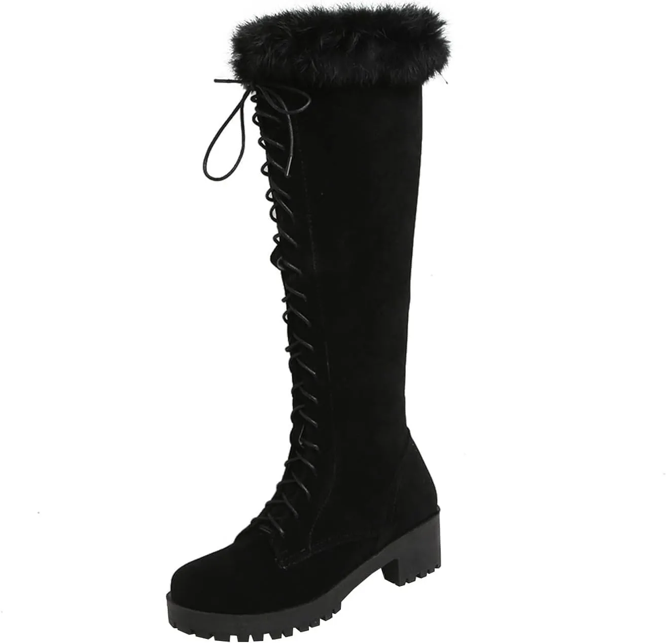 Snow Knee High Boots for Women - Fashion Lace Up Side Zipper Chunky Heel Boots Casual Plush Faux Suede Riding Boots Shoes