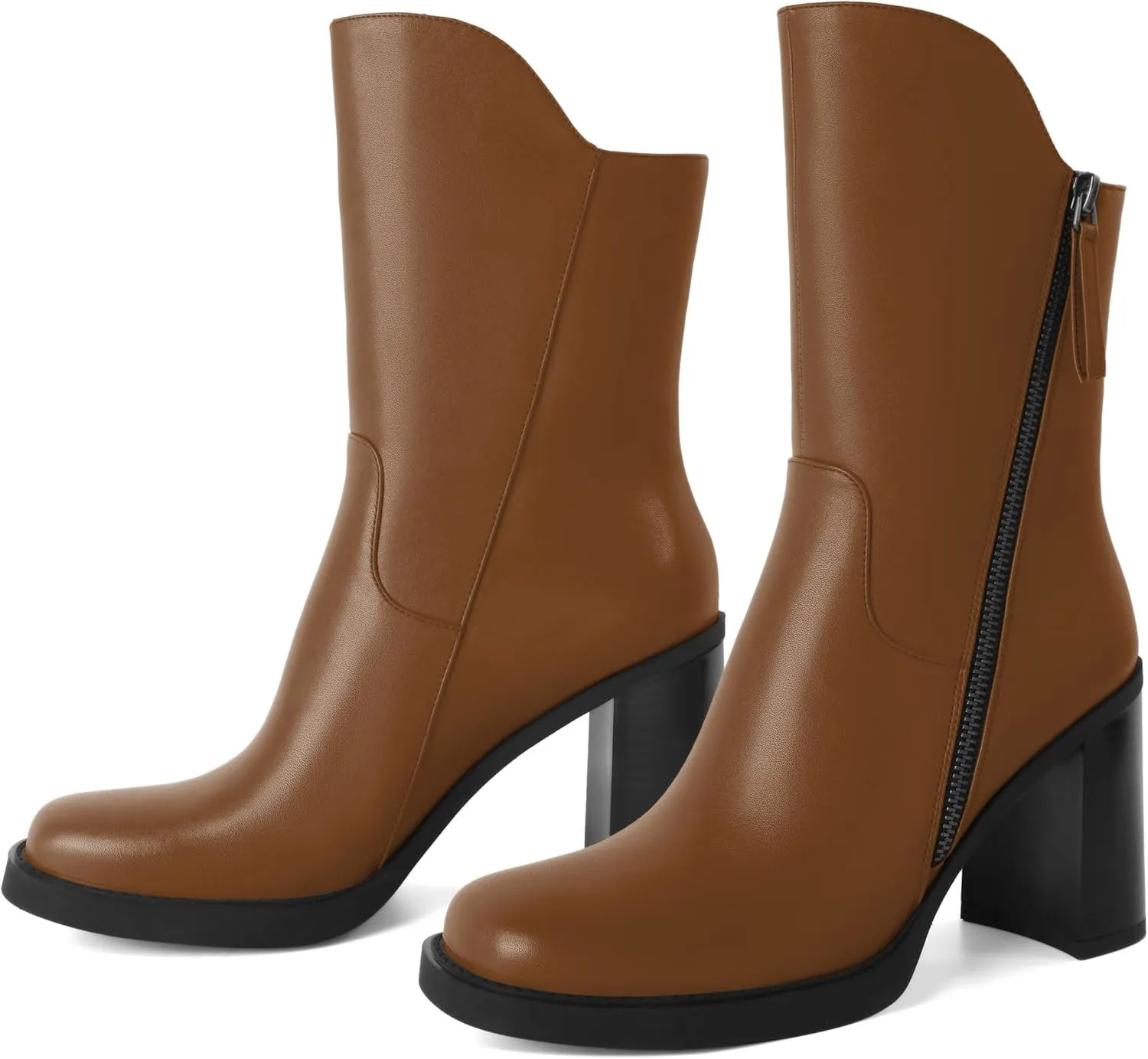 Soireelady Women's Gogo Boots Platform Mid Calf Chunky Heel Square Toe Side Zipper Heeled Booties 3.5 Inch