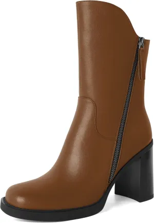Soireelady Women's Gogo Boots Platform Mid Calf Chunky Heel Square Toe Side Zipper Heeled Booties 3.5 Inch