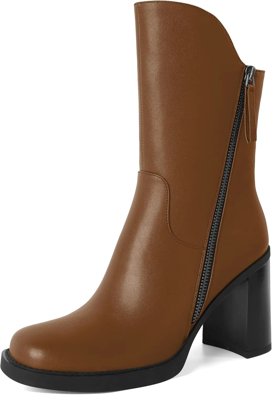 Soireelady Women's Gogo Boots Platform Mid Calf Chunky Heel Square Toe Side Zipper Heeled Booties 3.5 Inch