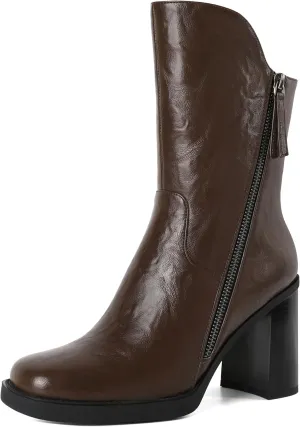 Soireelady Women's Gogo Boots Platform Mid Calf Chunky Heel Square Toe Side Zipper Heeled Booties 3.5 Inch