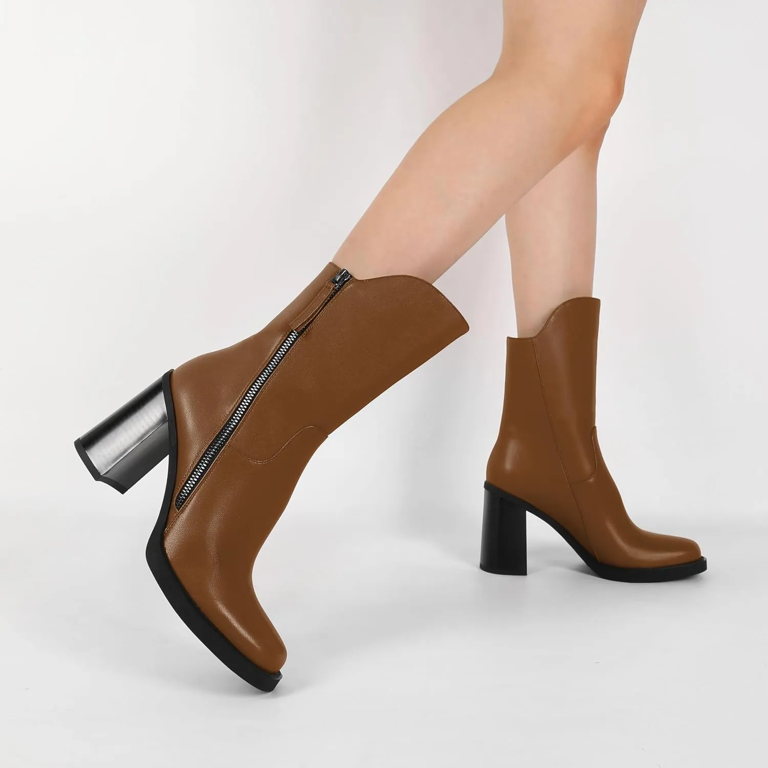 Soireelady Women's Gogo Boots Platform Mid Calf Chunky Heel Square Toe Side Zipper Heeled Booties 3.5 Inch
