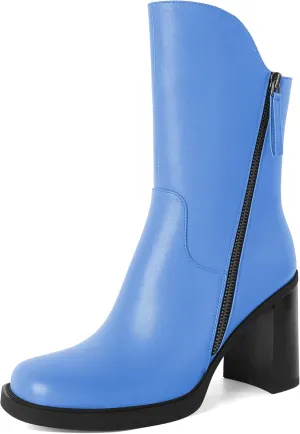 Soireelady Women's Gogo Boots Platform Mid Calf Chunky Heel Square Toe Side Zipper Heeled Booties 3.5 Inch