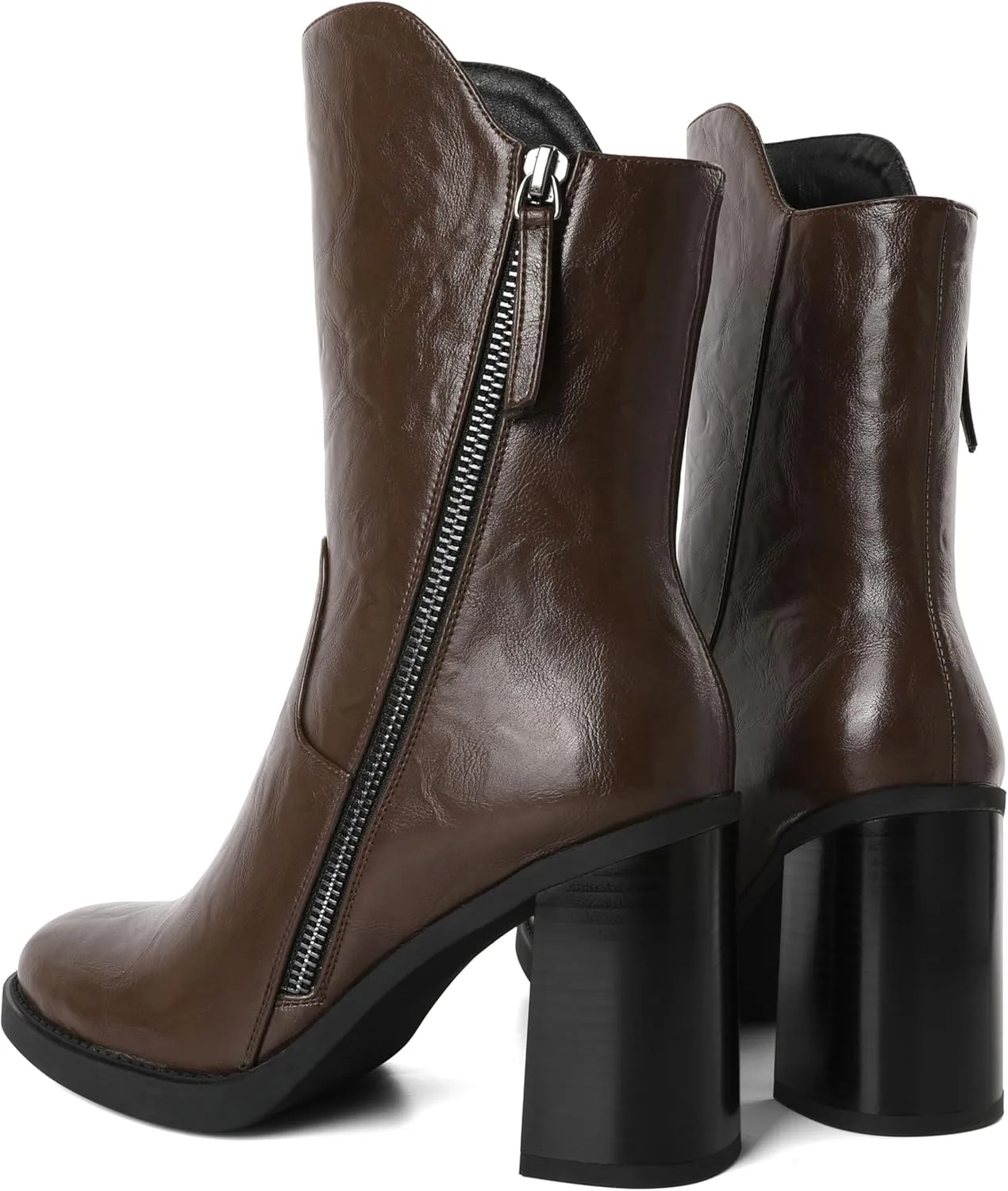 Soireelady Women's Gogo Boots Platform Mid Calf Chunky Heel Square Toe Side Zipper Heeled Booties 3.5 Inch