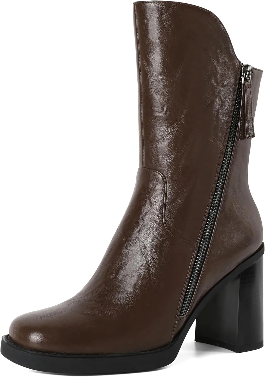 Soireelady Women's Gogo Boots Platform Mid Calf Chunky Heel Square Toe Side Zipper Heeled Booties 3.5 Inch