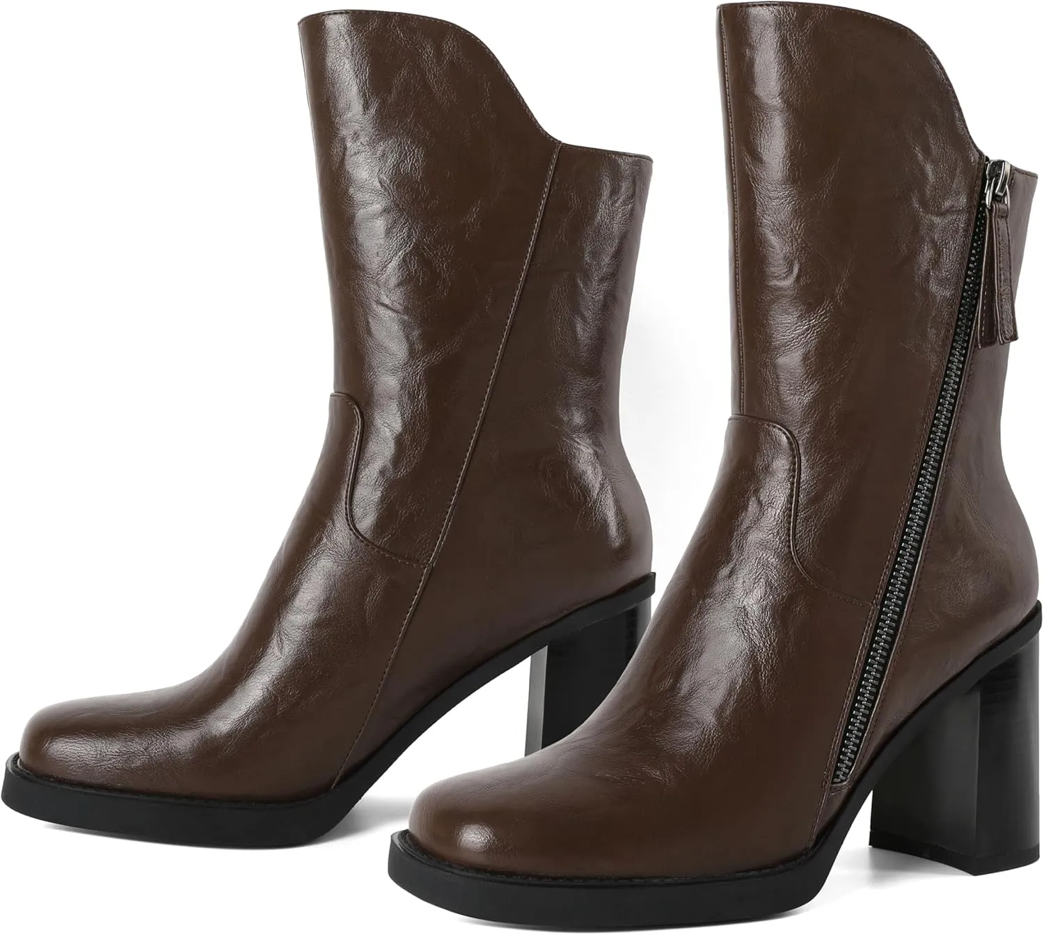 Soireelady Women's Gogo Boots Platform Mid Calf Chunky Heel Square Toe Side Zipper Heeled Booties 3.5 Inch