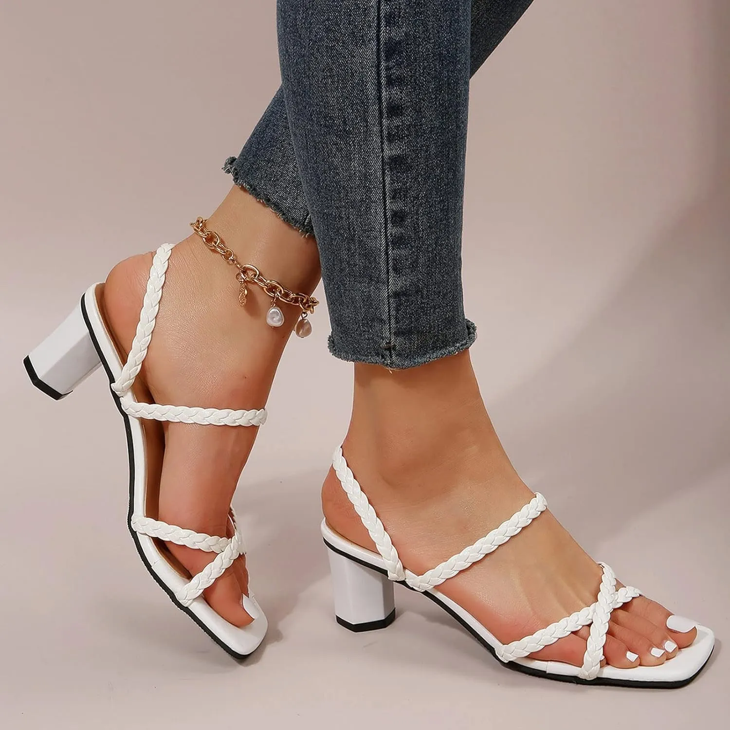Thick Heels for Women Solid Color Simple Square Open Toe Sandals Fashion Cross Strappy Summer Beach Nude Shoes