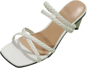 Thick Heels for Women Solid Color Simple Square Open Toe Sandals Fashion Cross Strappy Summer Beach Nude Shoes