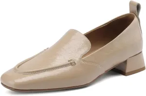 TinaCus Square Toe Genuine Leather Low Chunky Heels Handmade Women's Stylish Loafers Shoes