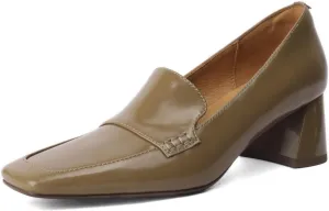 TinaCus Women's Square Toe Genuine Leather Handmade Chunky Heels Slip-on Casual Loafers Shoes
