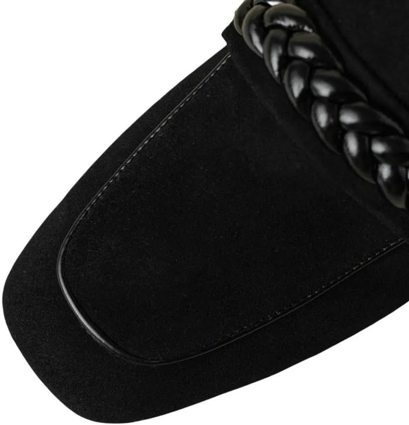 TinaCus Women's Suede Leather Slip On Handmade Braided Square Toe Chunky Heel Loafers Flats Shoes
