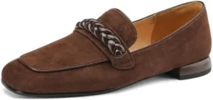 TinaCus Women's Suede Leather Slip On Handmade Braided Square Toe Chunky Heel Loafers Flats Shoes