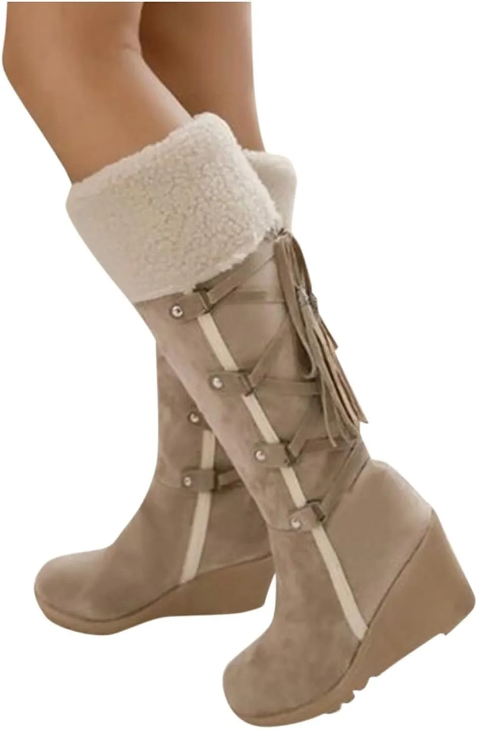 Winter Boots for Women Knee High Cold Weather Snow Tall Boots Wedge Heel Suede Puffy Fur Lined Winter Snow Boots