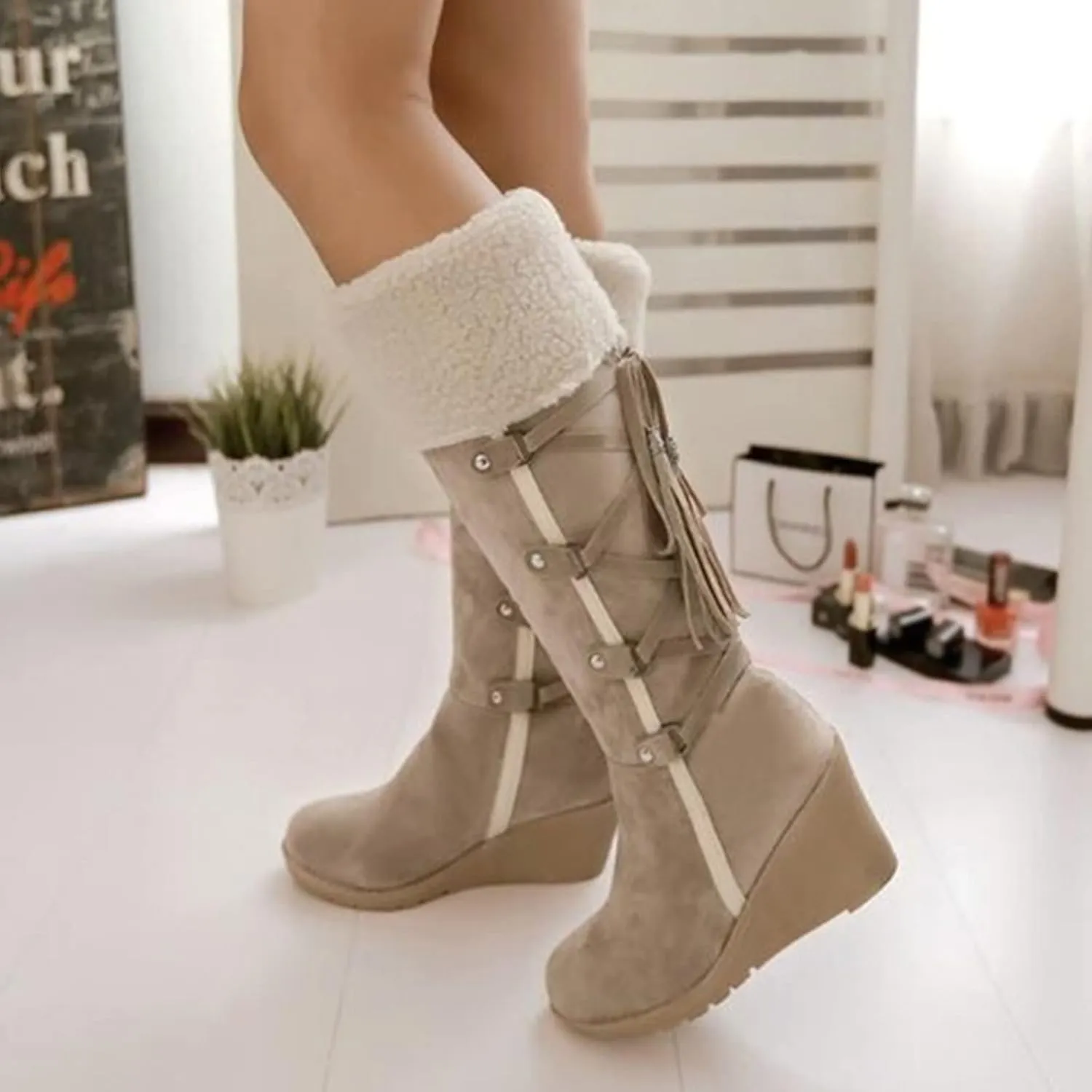 Winter Boots for Women Knee High Cold Weather Snow Tall Boots Wedge Heel Suede Puffy Fur Lined Winter Snow Boots