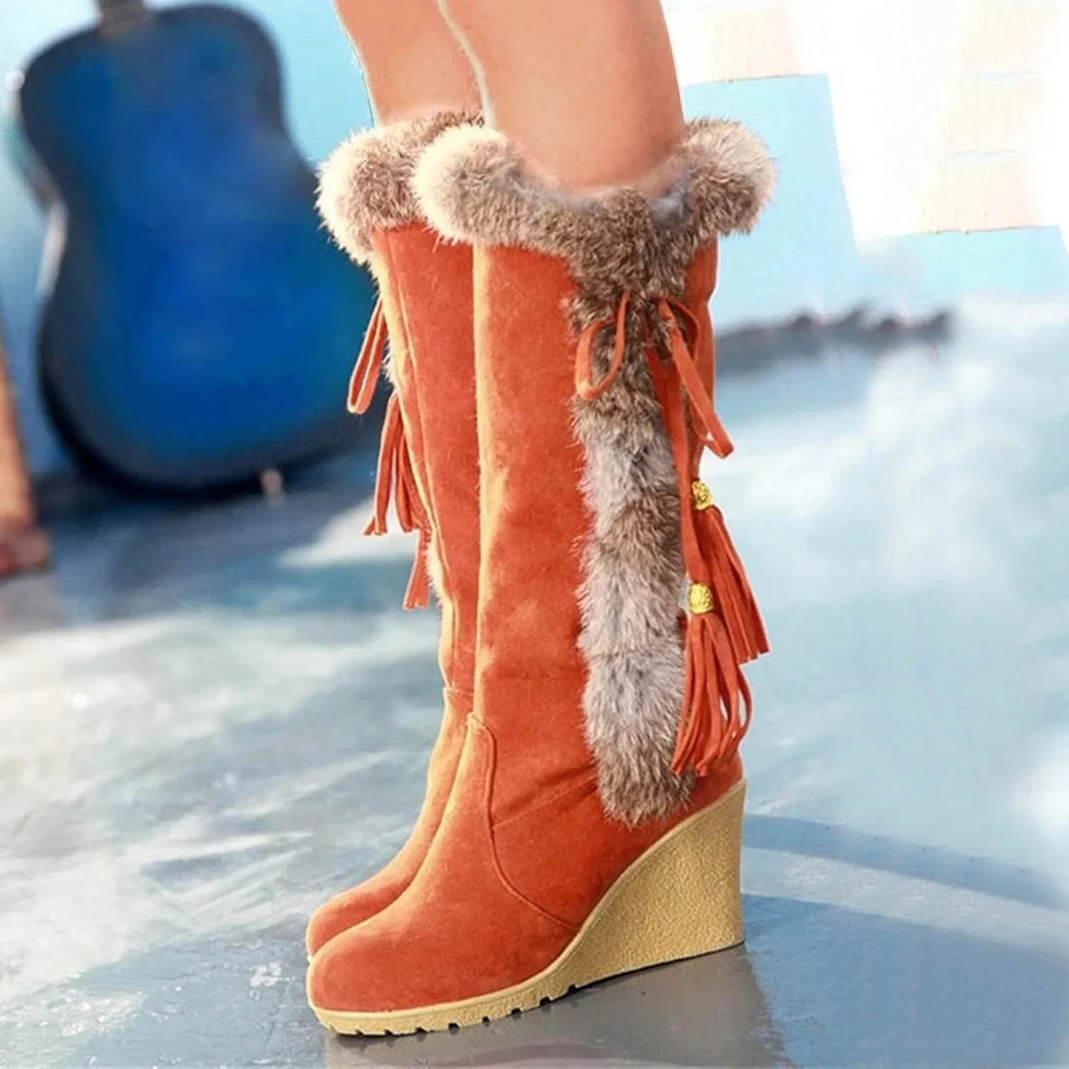 Winter Boots for Women Knee High Cold Weather Snow Tall Boots Wedge Heel Suede Puffy Fur Lined Winter Snow Boots