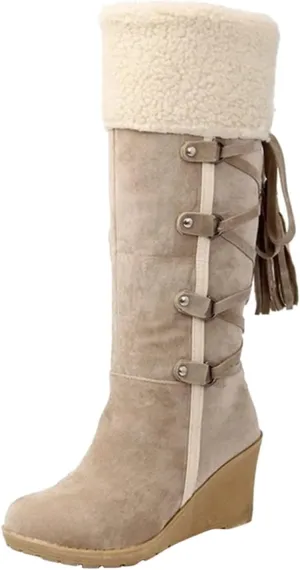 Winter Boots for Women Knee High Cold Weather Snow Tall Boots Wedge Heel Suede Puffy Fur Lined Winter Snow Boots
