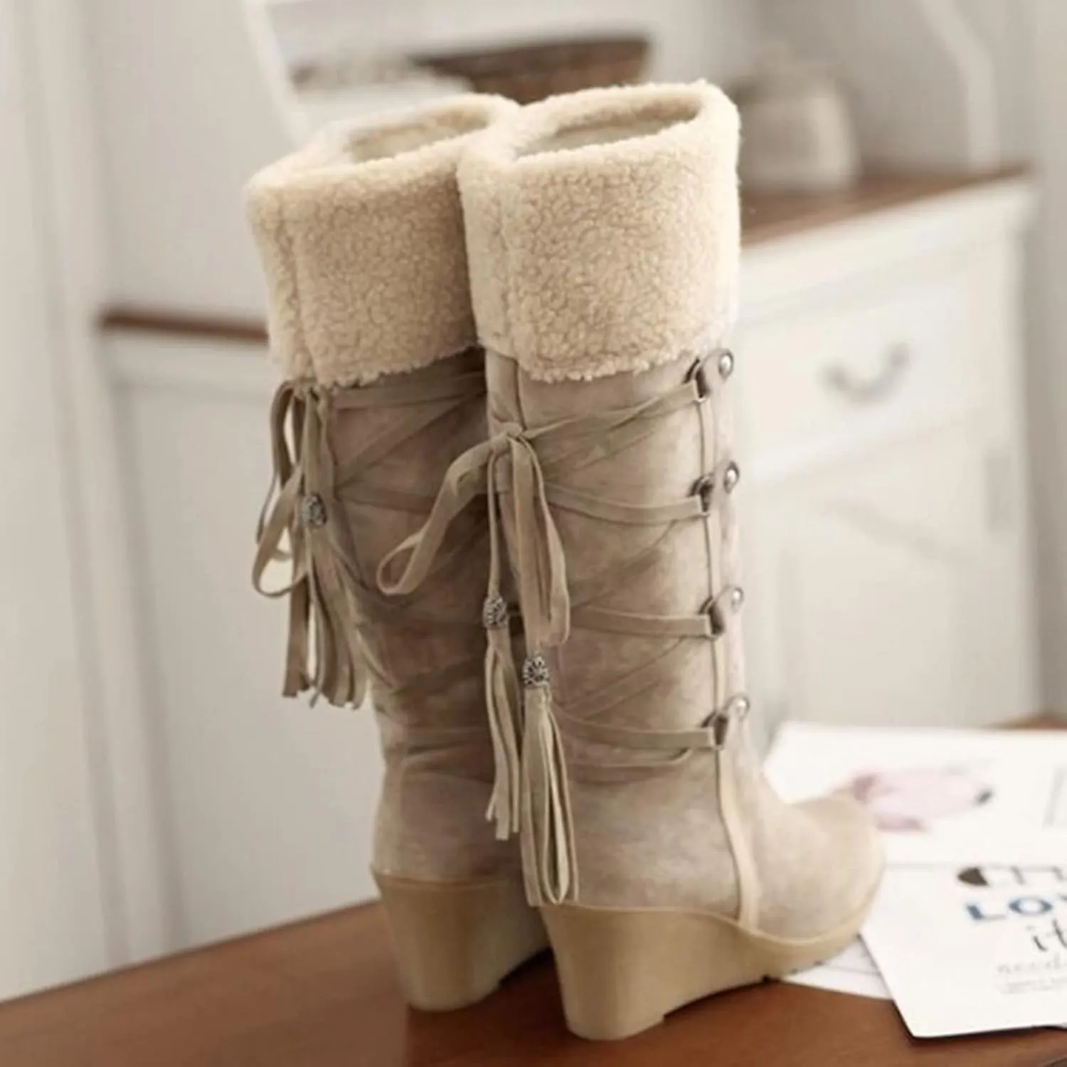 Winter Boots for Women Knee High Cold Weather Snow Tall Boots Wedge Heel Suede Puffy Fur Lined Winter Snow Boots