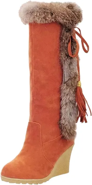 Winter Boots for Women Knee High Cold Weather Snow Tall Boots Wedge Heel Suede Puffy Fur Lined Winter Snow Boots