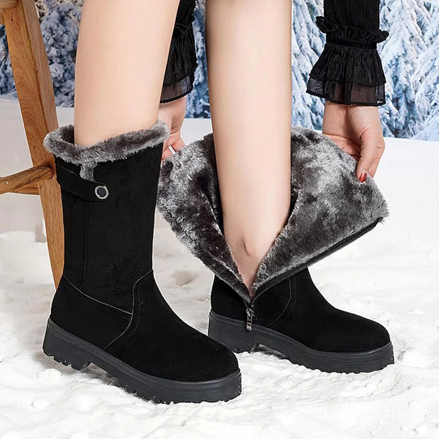 Winter Boots for Women Mid Claf Snow Boots With Warm Fur Lining Fashion Suede Snow Boots Side Zipper Combat Boots