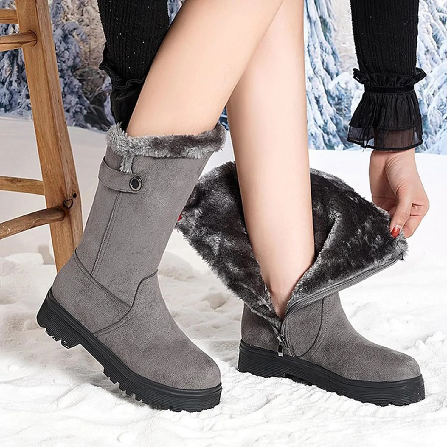 Winter Boots for Women Mid Claf Snow Boots With Warm Fur Lining Fashion Suede Snow Boots Side Zipper Combat Boots