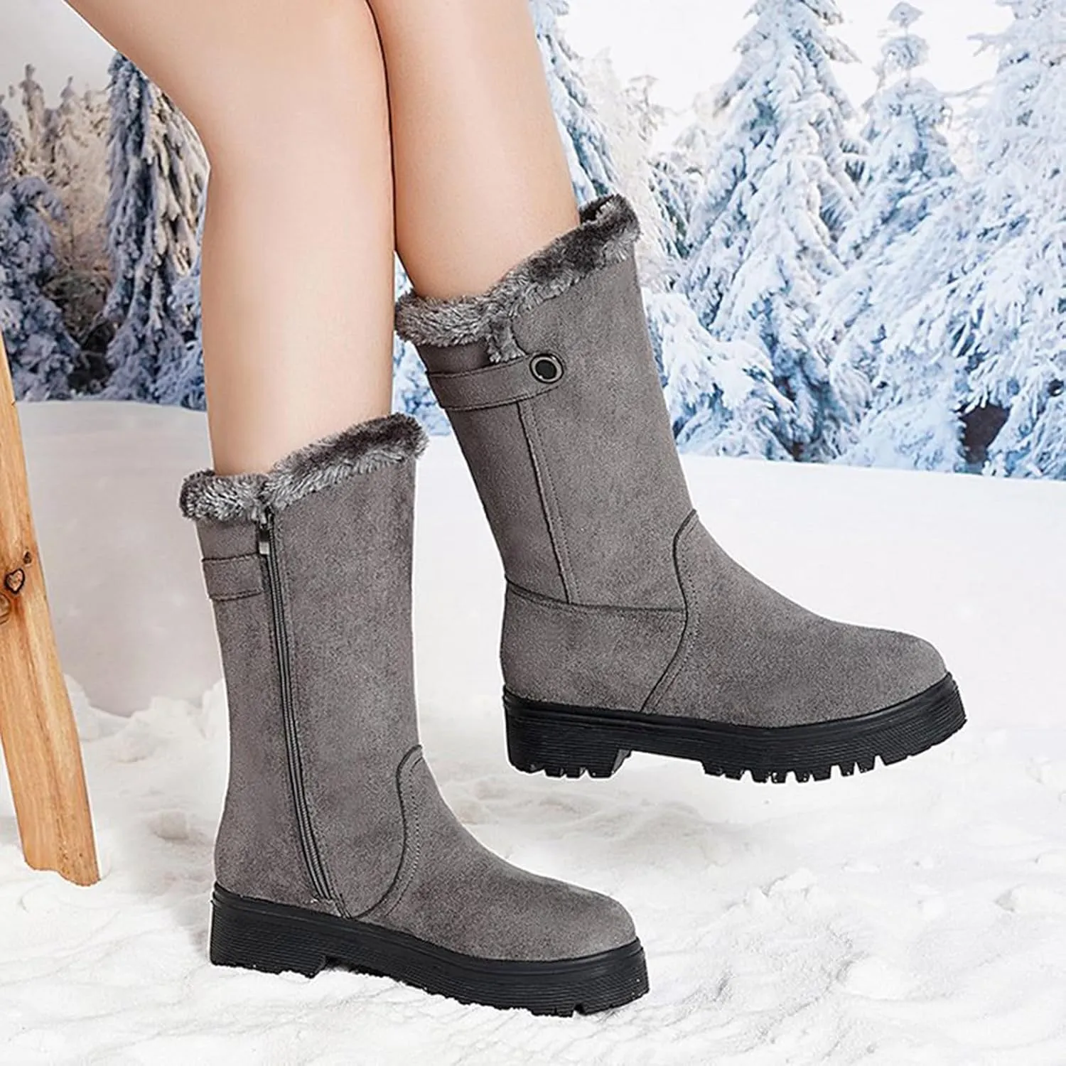 Winter Boots for Women Mid Claf Snow Boots With Warm Fur Lining Fashion Suede Snow Boots Side Zipper Combat Boots