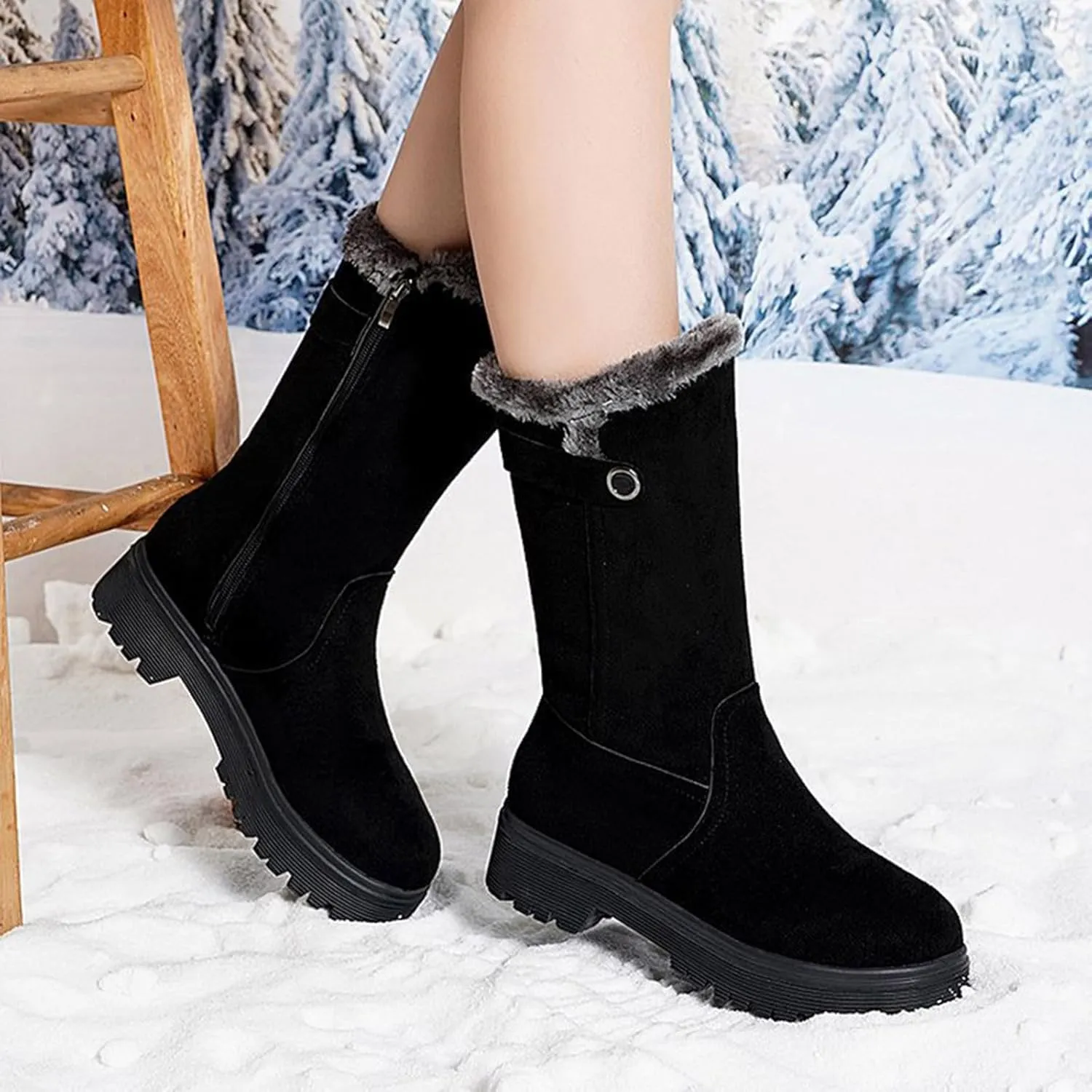 Winter Boots for Women Mid Claf Snow Boots With Warm Fur Lining Fashion Suede Snow Boots Side Zipper Combat Boots