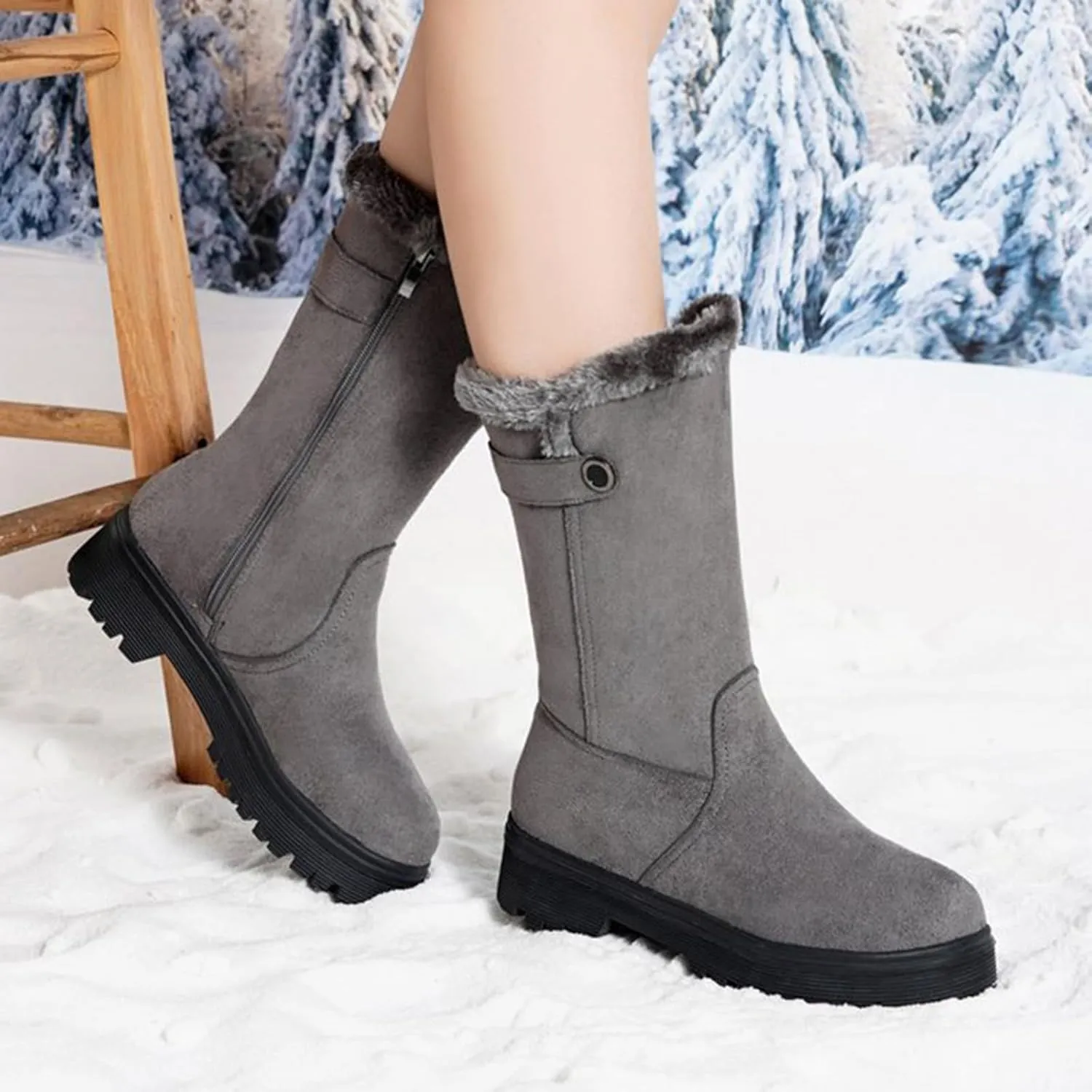 Winter Boots for Women Mid Claf Snow Boots With Warm Fur Lining Fashion Suede Snow Boots Side Zipper Combat Boots