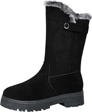 Winter Boots for Women Mid Claf Snow Boots With Warm Fur Lining Fashion Suede Snow Boots Side Zipper Combat Boots
