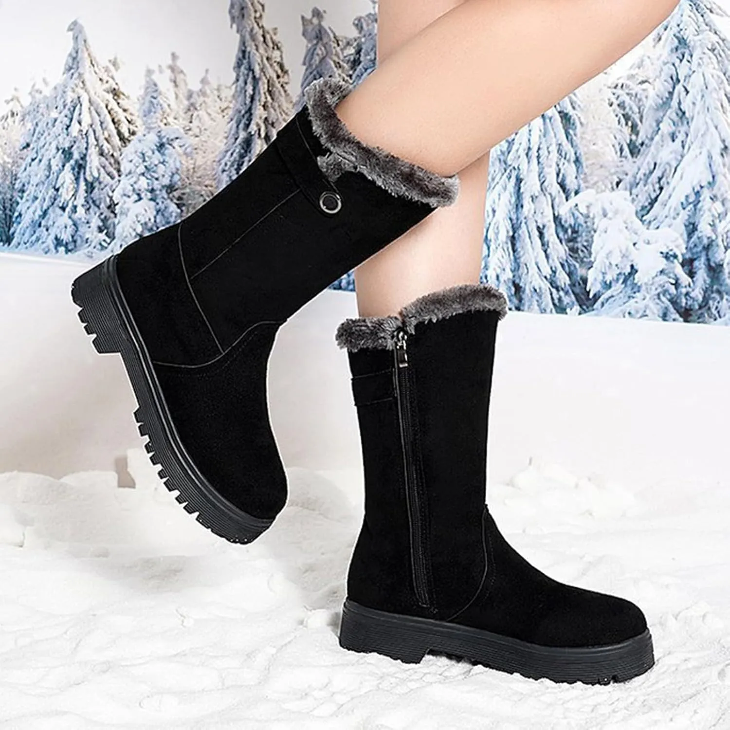 Winter Boots for Women Mid Claf Snow Boots With Warm Fur Lining Fashion Suede Snow Boots Side Zipper Combat Boots
