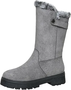 Winter Boots for Women Mid Claf Snow Boots With Warm Fur Lining Fashion Suede Snow Boots Side Zipper Combat Boots
