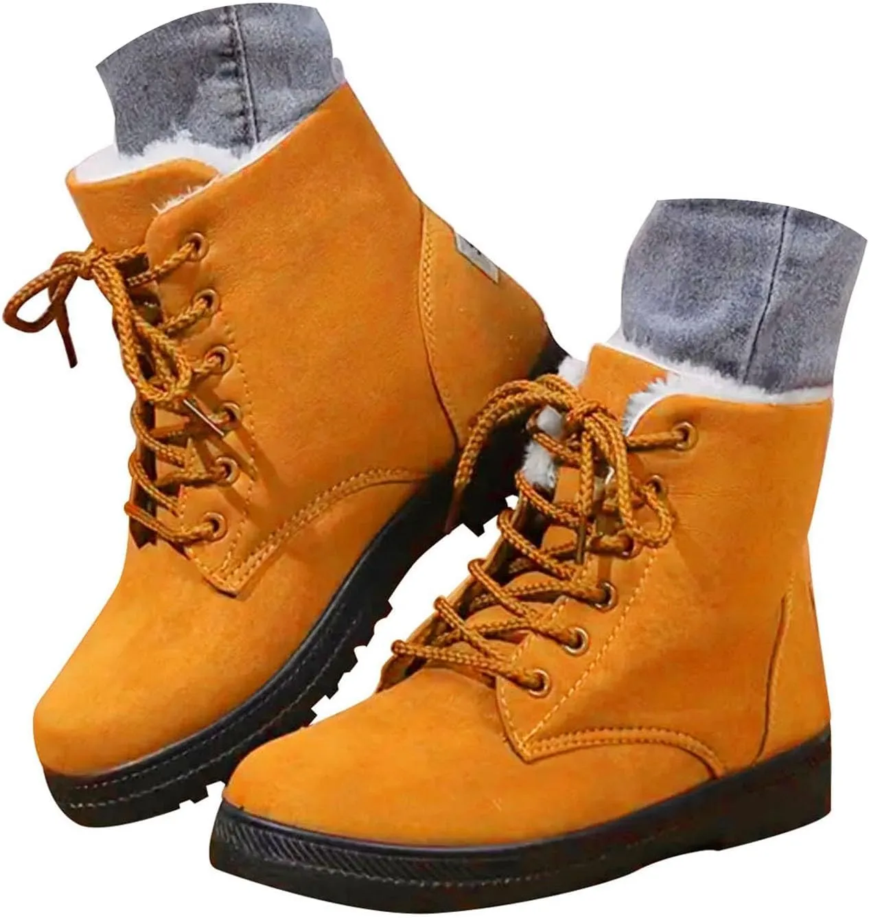 Winter Boots for Women Wide Width,Warm Fur Lined Snow Boots Casual Lace Up Ankle Boots Platform Round ToeFlat Boots