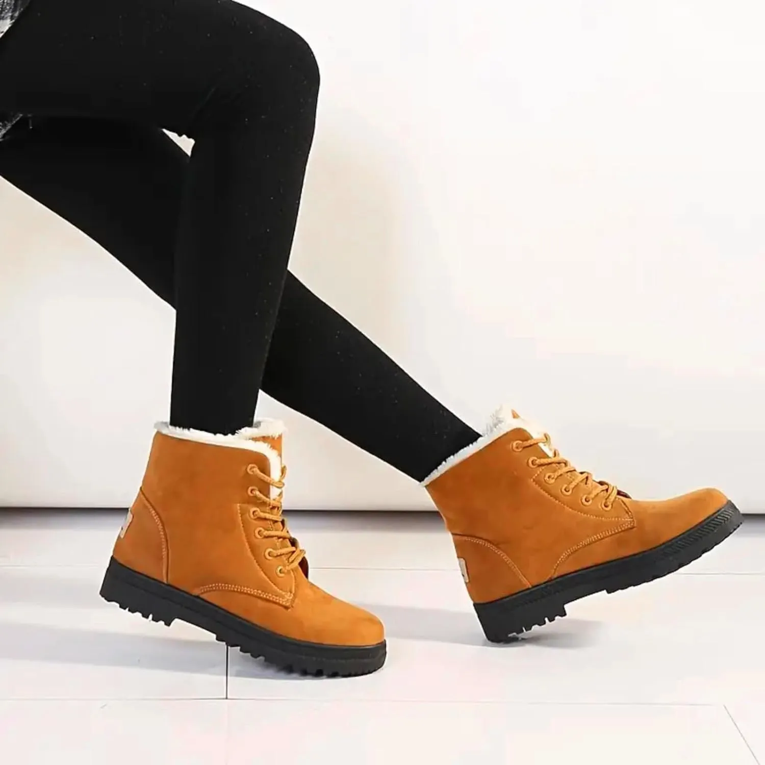 Winter Boots for Women Wide Width,Warm Fur Lined Snow Boots Casual Lace Up Ankle Boots Platform Round ToeFlat Boots