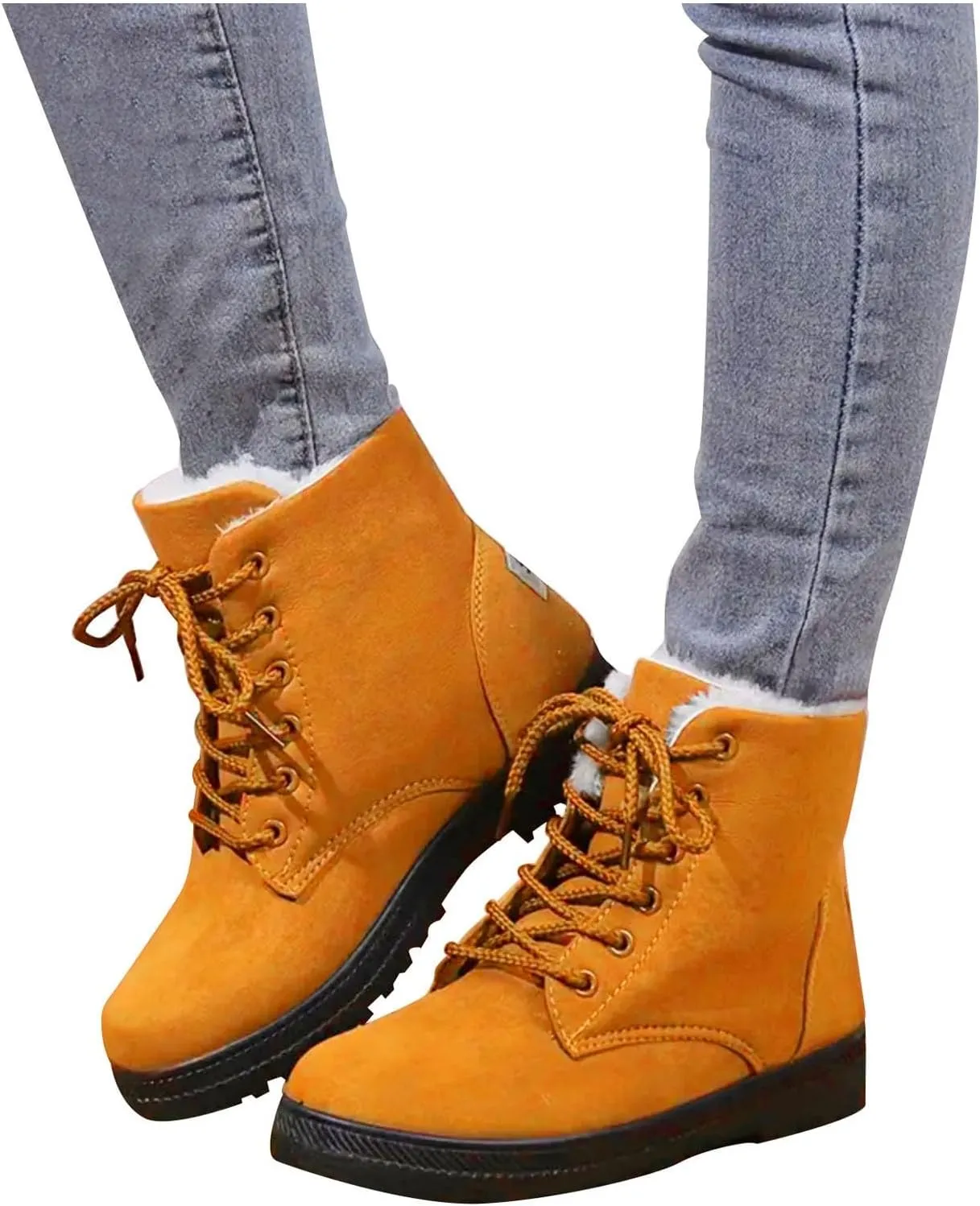Winter Boots for Women Wide Width,Warm Fur Lined Snow Boots Casual Lace Up Ankle Boots Platform Round ToeFlat Boots